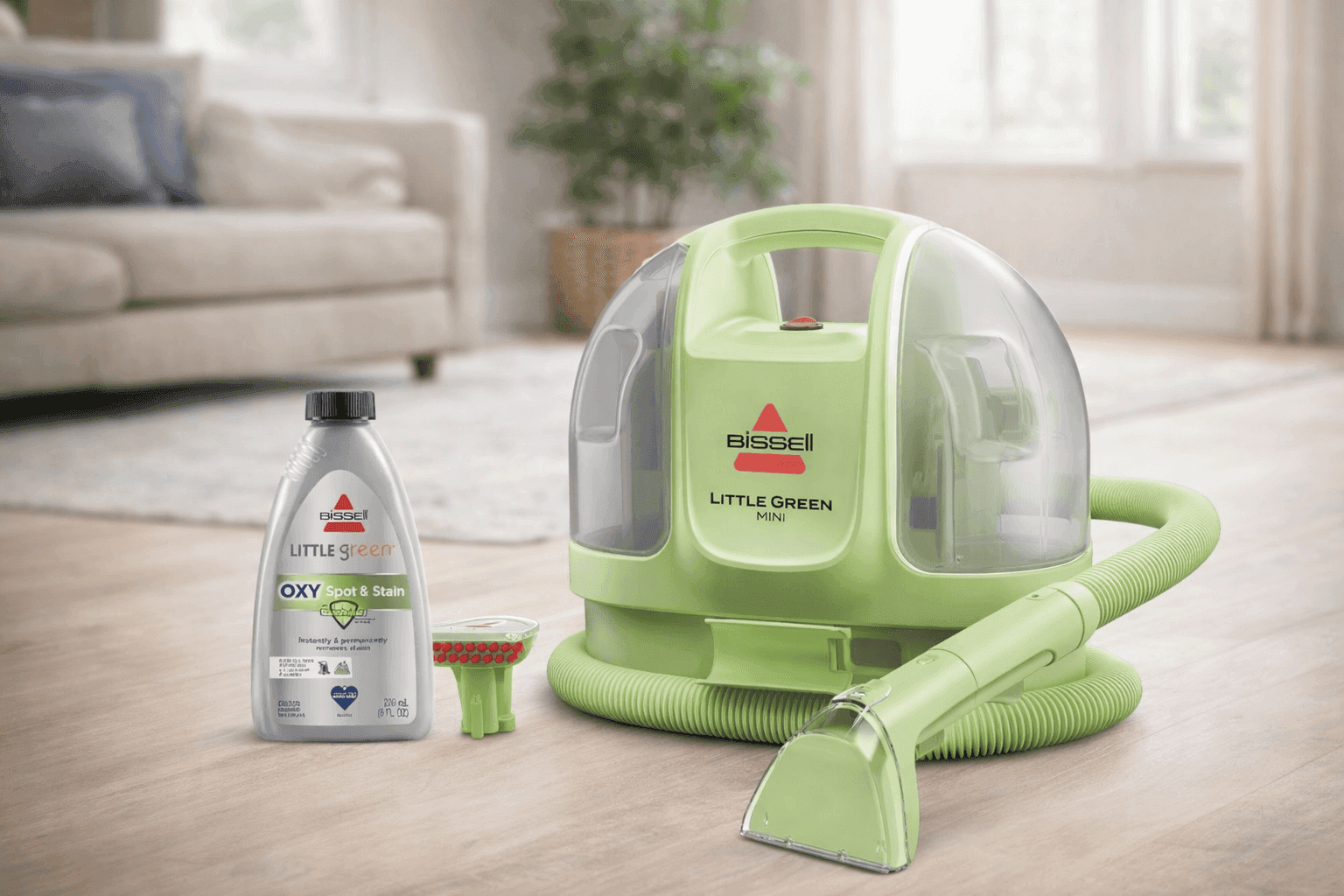 BISSELL Little Green Mini portable carpet cleaner removing stain from upholstery