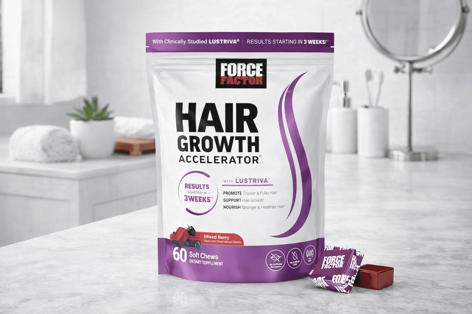 Force Factor Hair Growth Accelerator mixed berry soft chews supplement bottle