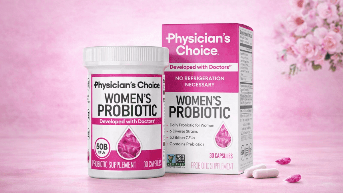 Physician's CHOICE Probiotics for Women 50 billion CFU bottle with capsules displayed on white background
