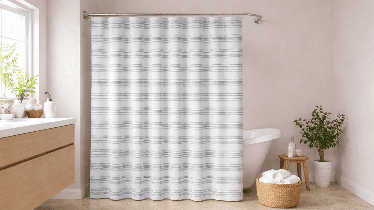 Amazon Basics geometric jacquard fabric shower curtain with grey stripes in minimalist bathroom