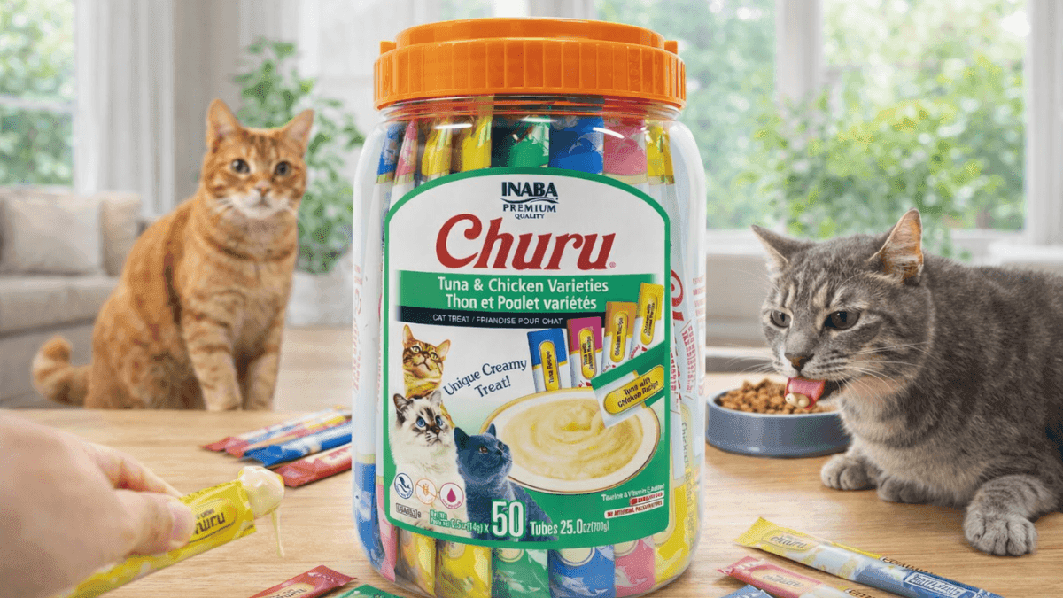 INABA Churu Cat Treats creamy lickable puree tubes for cats on a table