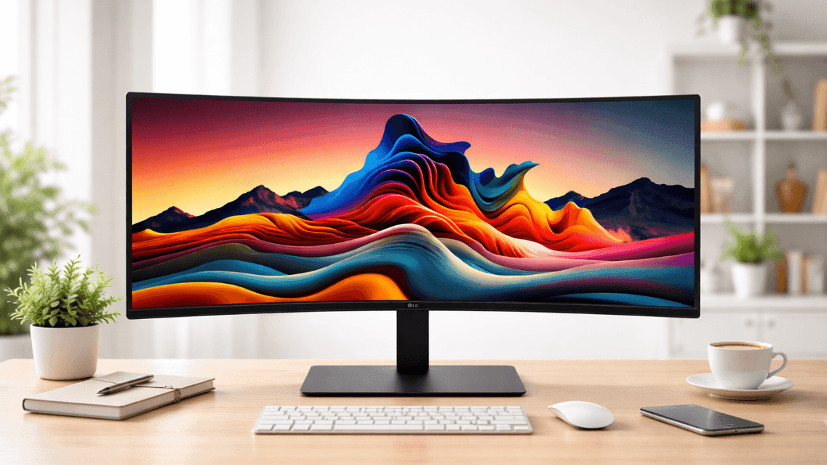 LG UltraWide 34-inch WQHD curved monitor on a clean desk setup displaying colorful abstract landscape wallpaper