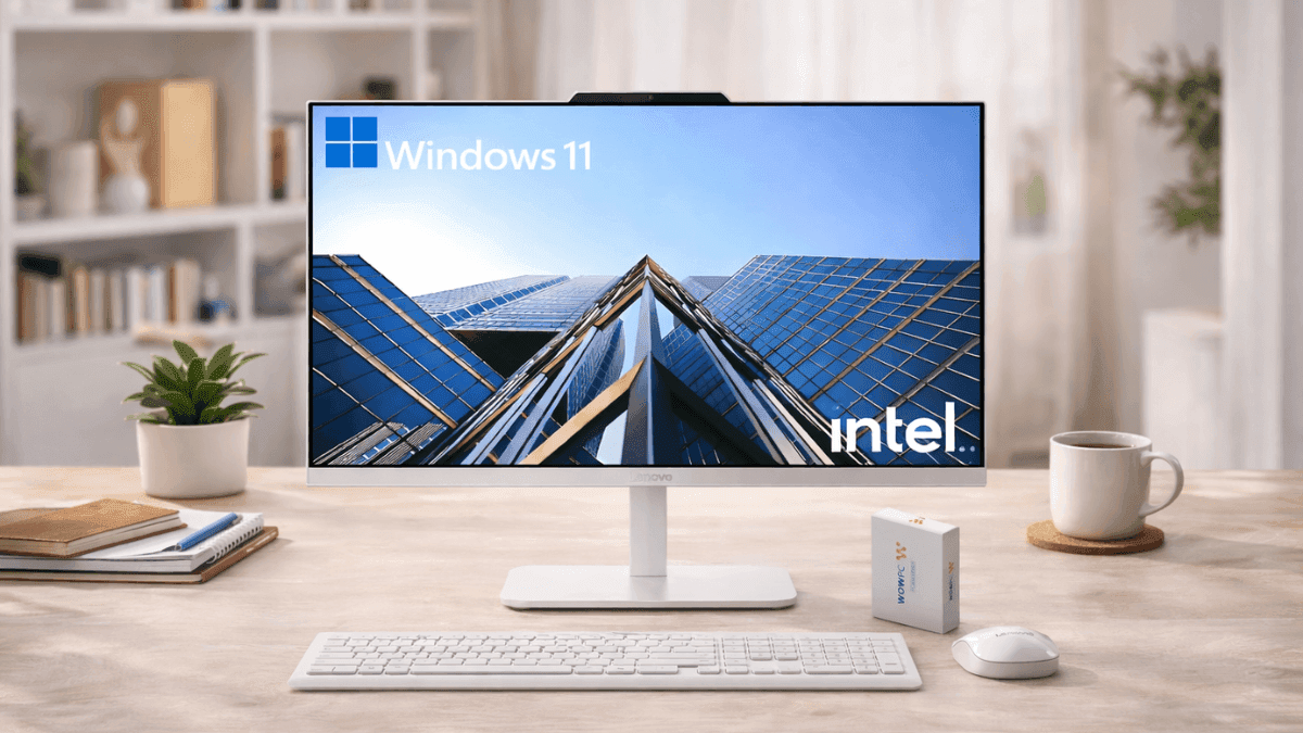 Lenovo 24" FHD All-in-One Desktop Computer showing Full HD display and stand