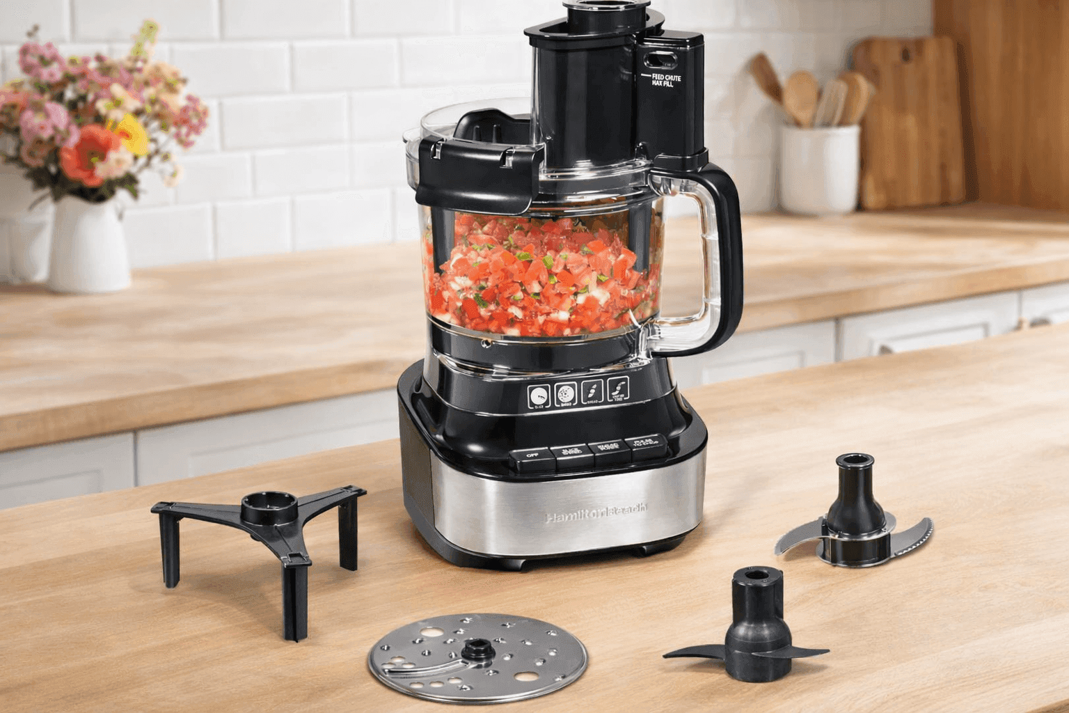 Hamilton Beach Stack & Snap Food Processor with chopped vegetables on kitchen counter