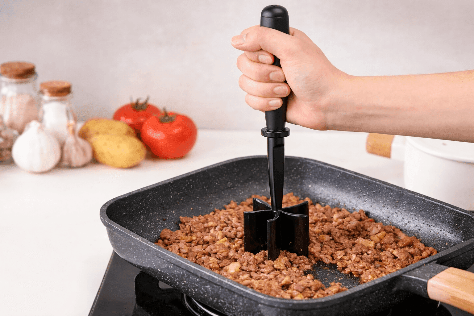 ZASZO Meat Masher breaking up ground beef in a nonstick frying pan