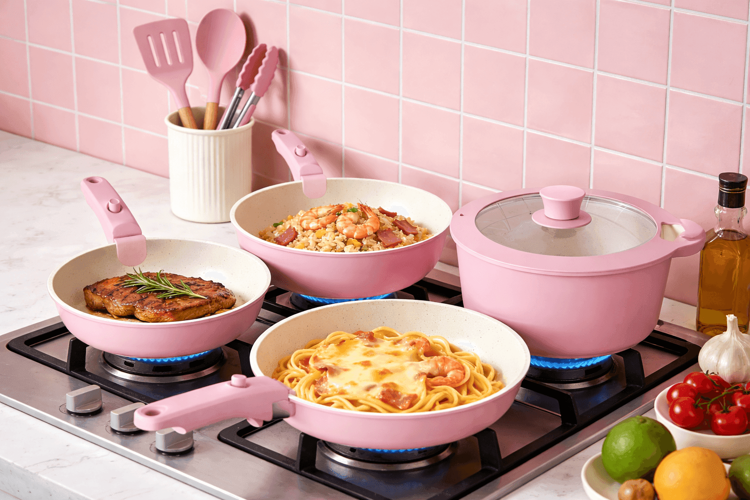 Non stick cookware set cooking pasta, steak, and rice in pink pots and pans on gas range