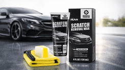 NUAN Car Scratch Removal Wax 120 mL kit with tube, box packaging, foam applicator pad, and yellow microfiber cloth displayed in front of a black car on a glossy surface.