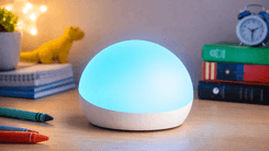 Amazon Echo Glow smart lamp glowing blue on a desk in a kids bedroom with books, crayons, and toys nearby.