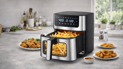 NEWBULIG Air Fryer on a kitchen counter with a digital touchscreen display and basket full of fries, surrounded by plates of fried food.