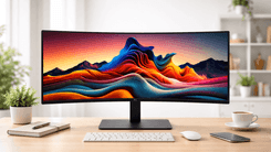 LG UltraWide 34-inch WQHD curved monitor on a clean desk setup displaying colorful abstract landscape wallpaper