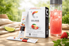 CELSIUS On The Go Energy Drink Mix packets next to water bottle showing portable fitness energy drink powder