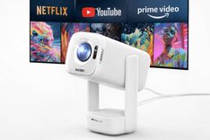 Aurzen D1 Air Smart Portable Projector displaying Netflix, YouTube, and Prime Video with a compact white design and front-facing lens on a stand
