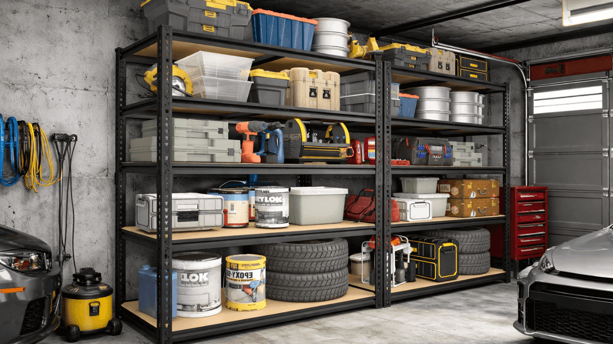 ZEUKMXOO Adjustable Garage Shelving Storage Shelves with five metal tiers organizing tools and storage bins in a garage