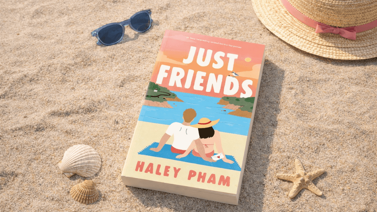 Just Friends by Haley Pham paperback book placed on sandy beach with sunglasses, seashells, starfish, and a straw hat nearby.