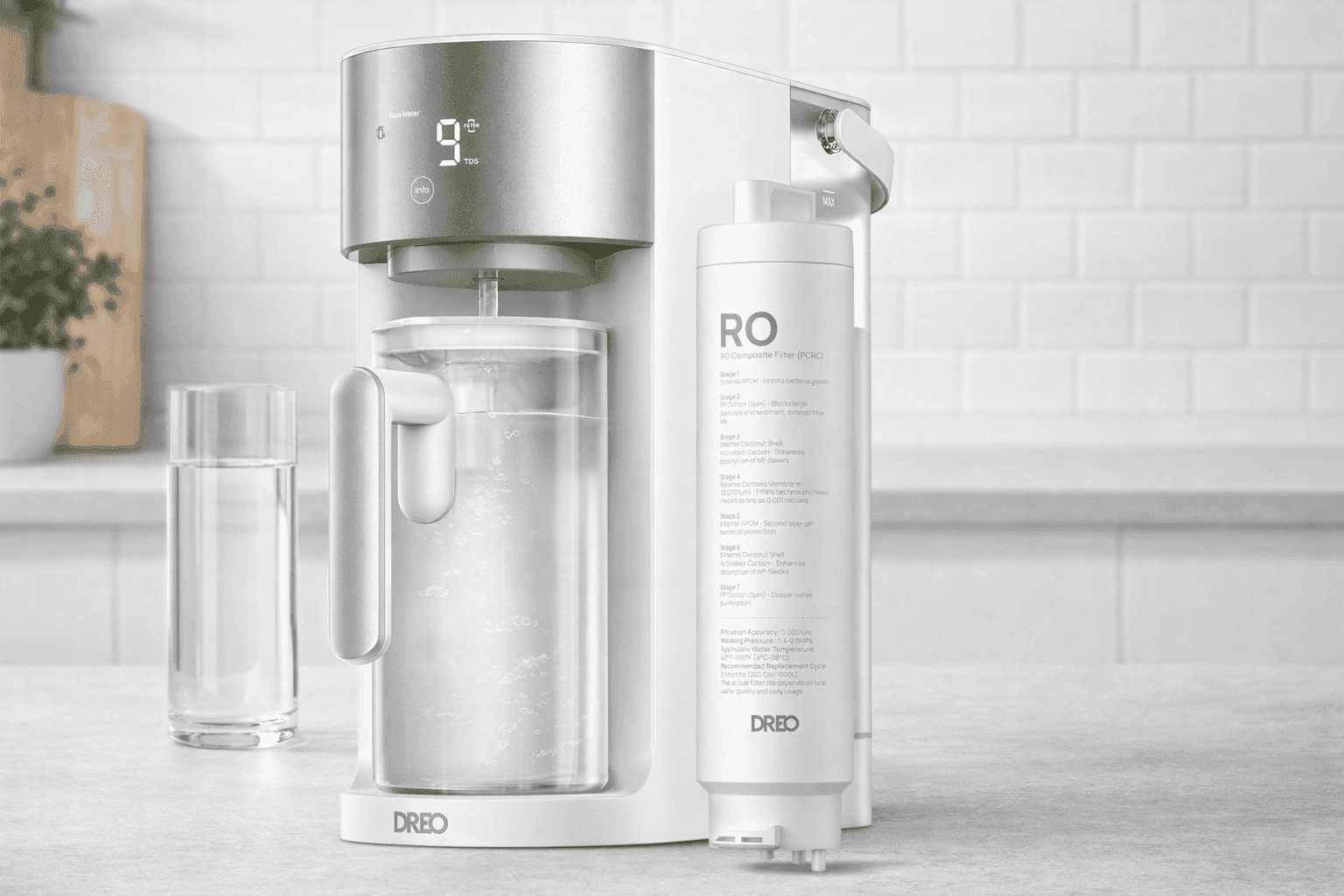“DREO Reverse Osmosis Water Filter on kitchen counter providing clean purified drinking water”